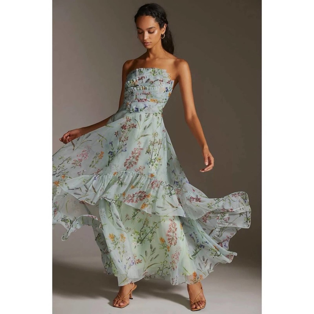 NEW Anthro Geisha Designs Asymmetrical Maxi Dress Strapless Floral Ruffle Green